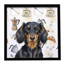Load image into Gallery viewer, Longhaired Black and Tan Dachshund Coffee Bar Framed Metal Print