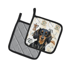 Load image into Gallery viewer, Longhaired Black and Tan Dachshund Coffee Bar Pair of Pot Holders