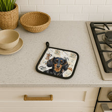 Load image into Gallery viewer, Longhaired Black and Tan Dachshund Coffee Bar Pair of Pot Holders
