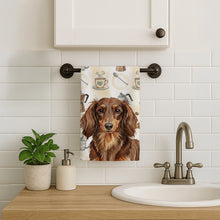 Load image into Gallery viewer, Longhaired Chocolate and Tan Dachshund Coffee Bar Kitchen Towel