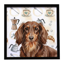 Load image into Gallery viewer, Longhaired Chocolate and Tan Dachshund Coffee Bar Framed Metal Print