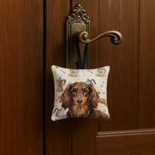 Load image into Gallery viewer, Longhaired Chocolate and Tan Dachshund Coffee Bar Hanging Square Fabric Ornament 3.5 × 3.5