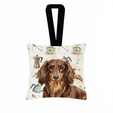 Load image into Gallery viewer, Longhaired Chocolate and Tan Dachshund Coffee Bar Hanging Square Fabric Ornament 3.5 × 3.5