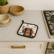 Load image into Gallery viewer, Longhaired Chocolate and Tan Dachshund Coffee Bar Pair of Pot Holders