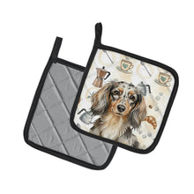 Load image into Gallery viewer, Longhaired Dapple Dachshund Coffee Bar Pair of Pot Holders