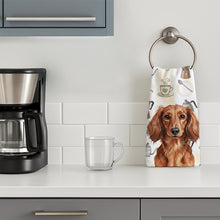 Load image into Gallery viewer, Longhaired Red Dachshund Coffee Bar Kitchen Towel