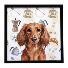 Load image into Gallery viewer, Longhaired Red Dachshund Coffee Bar Framed Metal Print