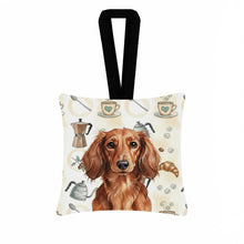 Load image into Gallery viewer, Longhaired Red Dachshund Coffee Bar Hanging Square Fabric Ornament 3.5 × 3.5