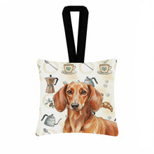 Load image into Gallery viewer, Red Brown Dachshund Coffee Bar Hanging Square Fabric Ornament 3.5 × 3.5