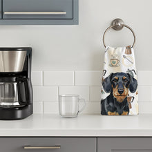 Load image into Gallery viewer, Wirehaired Black and Tan Dachshund Coffee Bar Kitchen Towel