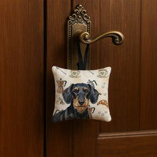 Load image into Gallery viewer, Wirehaired Black and Tan Dachshund Coffee Bar Hanging Square Fabric Ornament 3.5 × 3.5