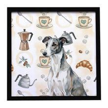 Load image into Gallery viewer, Black and White Greyhound Coffee Bar Framed Metal Print