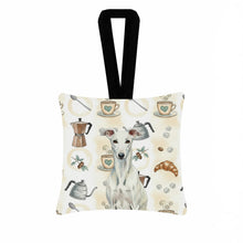 Load image into Gallery viewer, White Greyhound Coffee Bar Hanging Square Fabric Ornament 3.5 × 3.5
