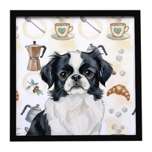 Load image into Gallery viewer, Black and White Japanese Chin Coffee Bar Framed Metal Print