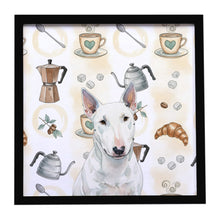 Load image into Gallery viewer, White Miniature Bull Terrier Coffee Bar Framed Metal Print