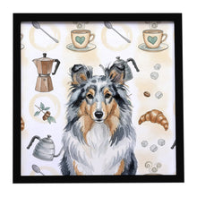 Load image into Gallery viewer, Blue Merle Sheltie Coffee Bar Framed Metal Print