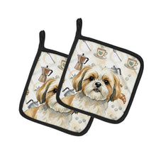 Load image into Gallery viewer, Gold and White Shih Tzu Coffee Bar Pair of Pot Holders