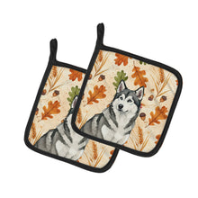 Load image into Gallery viewer, Gray and White Alaskan Malamute Heirloom Fall Pair of Pot Holders