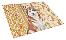 Load image into Gallery viewer, Red and White Alaskan Malamute Heirloom Fall Glass Cutting Board