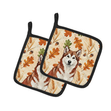 Load image into Gallery viewer, Red and White Alaskan Malamute Heirloom Fall Pair of Pot Holders
