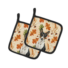 Load image into Gallery viewer, Black and White Basenji Heirloom Fall Pair of Pot Holders