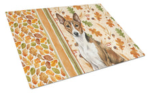 Load image into Gallery viewer, Brindle and White Basenji Heirloom Fall Glass Cutting Board