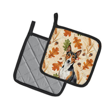 Load image into Gallery viewer, Tricolor and White Basenji Heirloom Fall Pair of Pot Holders