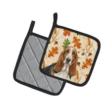 Load image into Gallery viewer, Tricolor and White Basset Hound Heirloom Fall Pair of Pot Holders