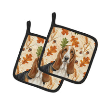 Load image into Gallery viewer, Tricolor and White Basset Hound Heirloom Fall Pair of Pot Holders