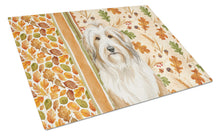 Load image into Gallery viewer, White and Tan Bearded Collie Heirloom Fall Glass Cutting Board