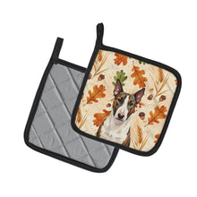 Load image into Gallery viewer, Brindle and White Bull Terrier Heirloom Fall Pair of Pot Holders