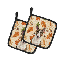 Load image into Gallery viewer, Brindle and White Bull Terrier Heirloom Fall Pair of Pot Holders