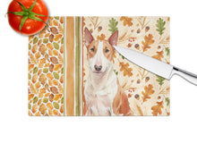 Load image into Gallery viewer, Red and White Bull Terrier Heirloom Fall Glass Cutting Board