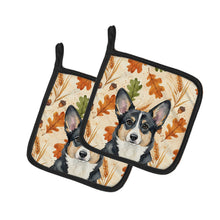 Load image into Gallery viewer, Black and White Cardigan Welsh Corgi Heirloom Fall Pair of Pot Holders