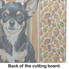 Load image into Gallery viewer, Black and Tan Chihuahua Heirloom Fall Glass Cutting Board