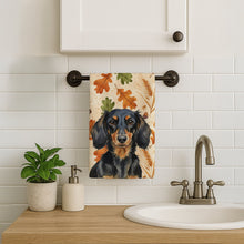 Load image into Gallery viewer, Longhaired Black and Tan Dachshund Heirloom Fall Kitchen Towel