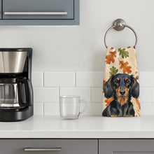 Load image into Gallery viewer, Longhaired Black and Tan Dachshund Heirloom Fall Kitchen Towel