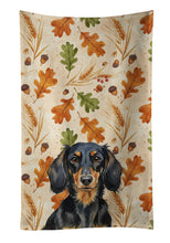 Load image into Gallery viewer, Longhaired Black and Tan Dachshund Heirloom Fall Kitchen Towel