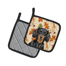 Load image into Gallery viewer, Longhaired Black and Tan Dachshund Heirloom Fall Pair of Pot Holders