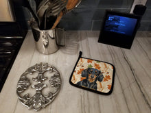 Load image into Gallery viewer, Longhaired Black and Tan Dachshund Heirloom Fall Pair of Pot Holders