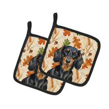 Load image into Gallery viewer, Longhaired Black and Tan Dachshund Heirloom Fall Pair of Pot Holders