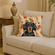 Load image into Gallery viewer, Longhaired Black and Tan Dachshund Heirloom Fall Throw Pillow