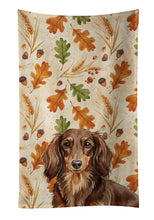 Load image into Gallery viewer, Longhaired Chocolate and Tan Dachshund Heirloom Fall Kitchen Towel