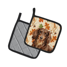 Load image into Gallery viewer, Longhaired Chocolate and Tan Dachshund Heirloom Fall Pair of Pot Holders