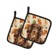 Load image into Gallery viewer, Longhaired Chocolate and Tan Dachshund Heirloom Fall Pair of Pot Holders
