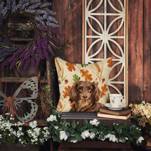 Load image into Gallery viewer, Longhaired Chocolate and Tan Dachshund Heirloom Fall Throw Pillow