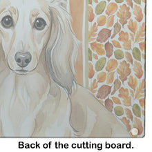 Load image into Gallery viewer, Longhaired Cream Dachshund Heirloom Fall Glass Cutting Board