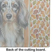Load image into Gallery viewer, Longhaired Dapple Dachshund Heirloom Fall Glass Cutting Board
