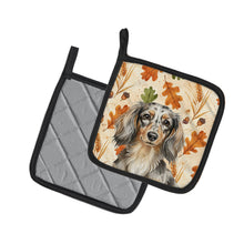 Load image into Gallery viewer, Longhaired Dapple Dachshund Heirloom Fall Pair of Pot Holders