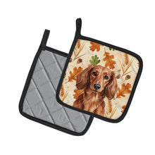 Load image into Gallery viewer, Longhaired Red Dachshund Heirloom Fall Pair of Pot Holders